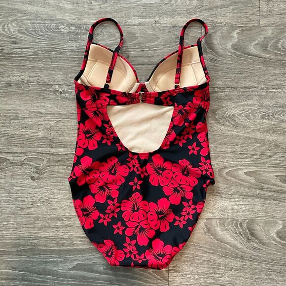 Victoria's Secret Floral One Piece Swimsuit Vintage Black‎ Red Hibiscus Size 6B - Picture 3 of 7